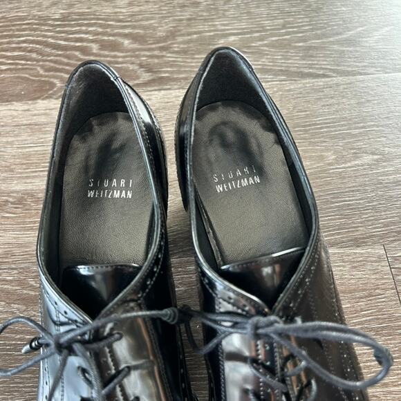 EUC Stuart Weitzman Thomas Black Patent Leather Oxford Heels 8 M Lace Up Brogue - Picture 16 of 16